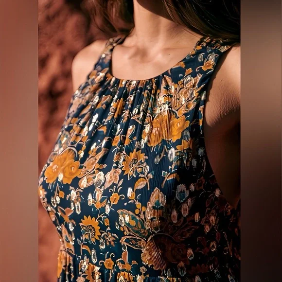 Sézane Titania Silk Maxi Dress Navy Gold Floral Open Back Size FR 34 / US 2 - Picture 4 of 13